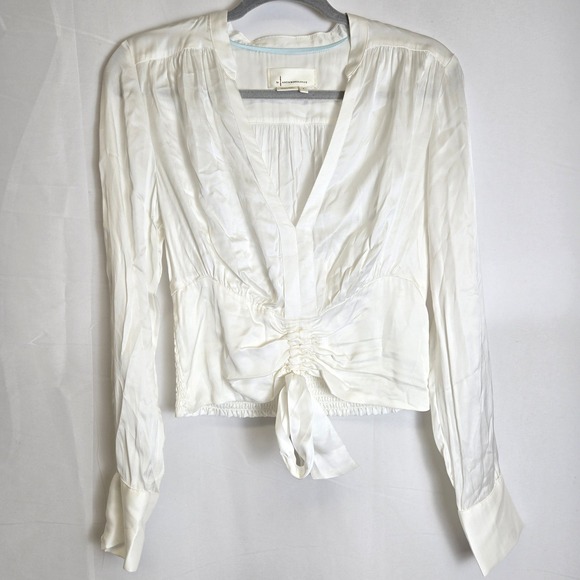 By Anthropologie Tops - By Anthropologie V-Neck Tie Waist Smocked Blouse, White, S, Cottagecore Coquette